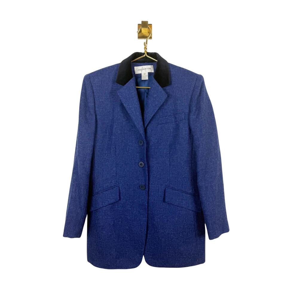 Vintage Jones NY Blue Worsted  Wool Tweed Blazer Velvet Collar Sz 10